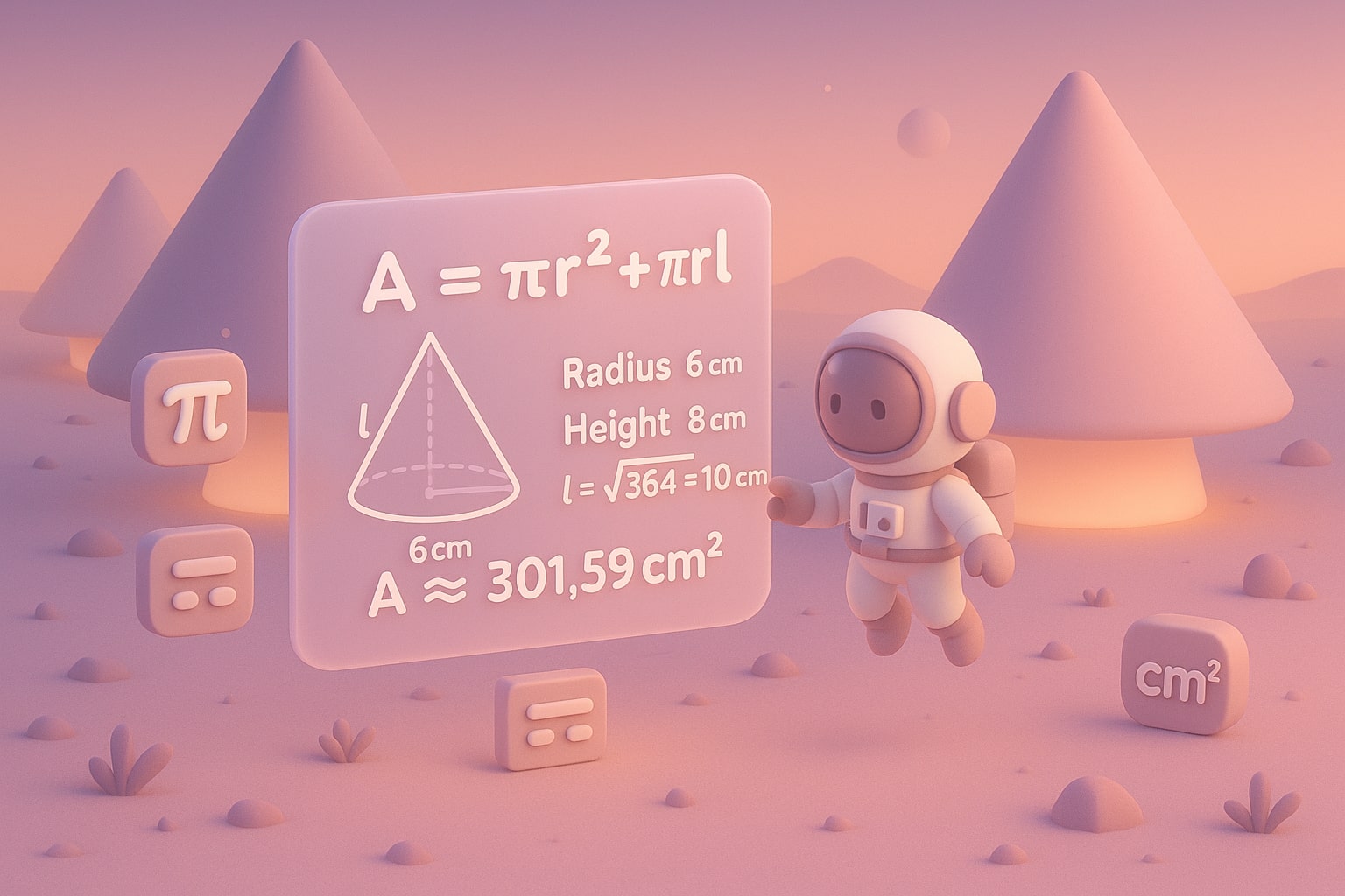 円錐の表面積計算ツールのイラスト。入力欄と即座の結果で問題の解決をサポートします。