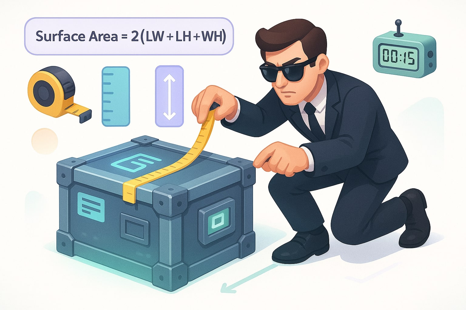 入力欄と瞬時の結果表示によってユーザーが問題解決を容易に行える長方形の表面積のしくみの説明図。