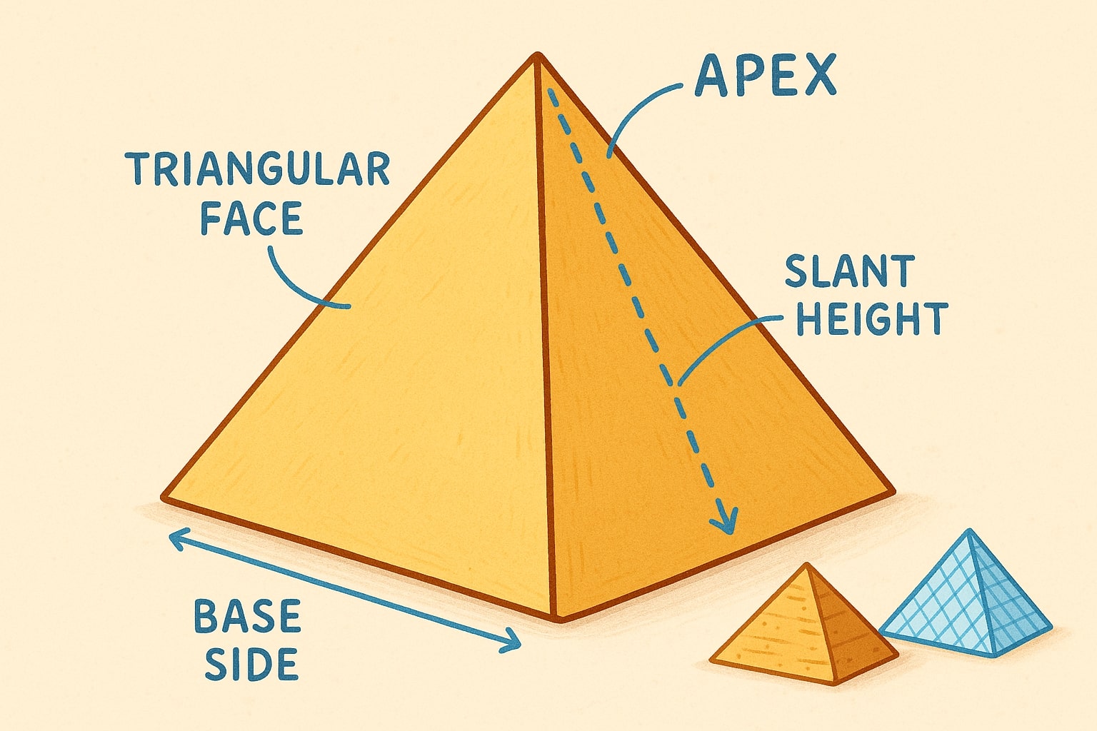 正方形ピラミッド表面積計算ツールの入力欄と即時結果表示を示し、問題解決を簡単にする様子